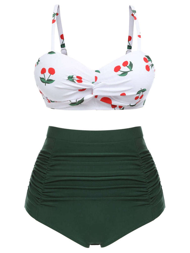 [Pre-Sale] [Plus Size] Green 1950s Sweetheart Neckline Cherry Spaghetti Strap Bikini Set