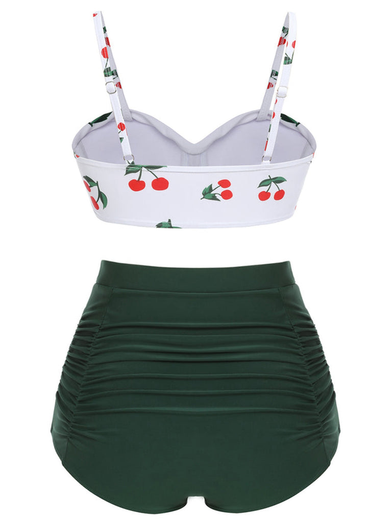 [Pre-Sale] [Plus Size] Green 1950s Sweetheart Neckline Cherry Spaghetti Strap Bikini Set