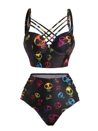 Black 1980s Gothic Steampunk Skull Bikini Set