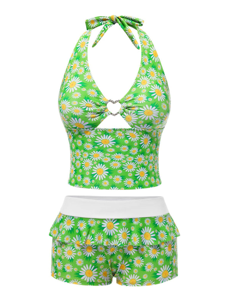 Green 1970s Daisy Ruffled Halter Tankini Set