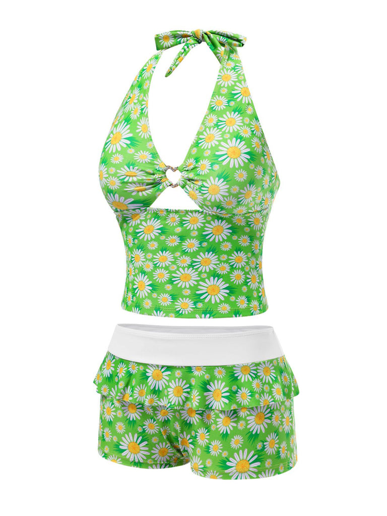 Green 1970s Daisy Ruffled Halter Tankini Set