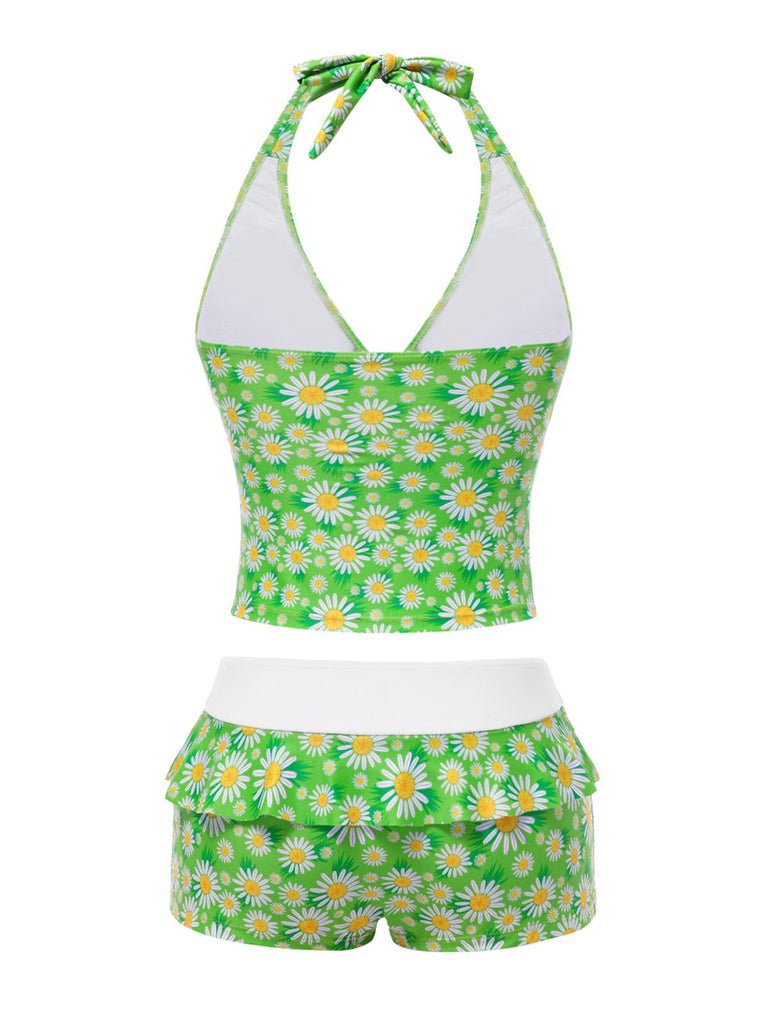 Green 1970s Daisy Ruffled Halter Tankini Set
