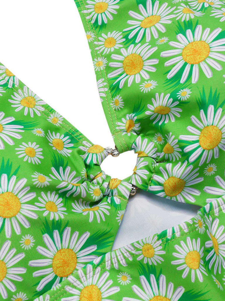 Green 1970s Daisy Ruffled Halter Tankini Set