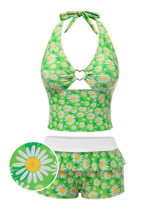 [Pre-Sale] Green 1970s Daisy Ruffled Halter Tankini Set