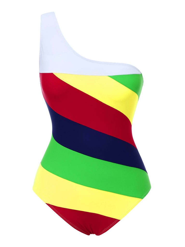 [Pre-Sale] Multicolor 1970s Colorblock Stripes One-Shoulder Swimsuit