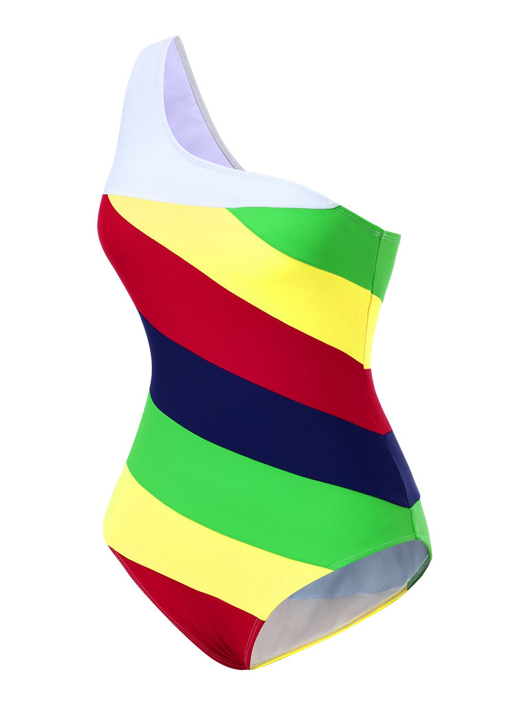 [Pre-Sale] Multicolor 1970s Colorblock Stripes One-Shoulder Swimsuit