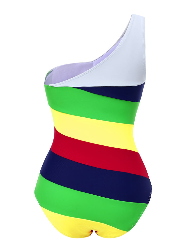 [Pre-Sale] Multicolor 1970s Colorblock Stripes One-Shoulder Swimsuit