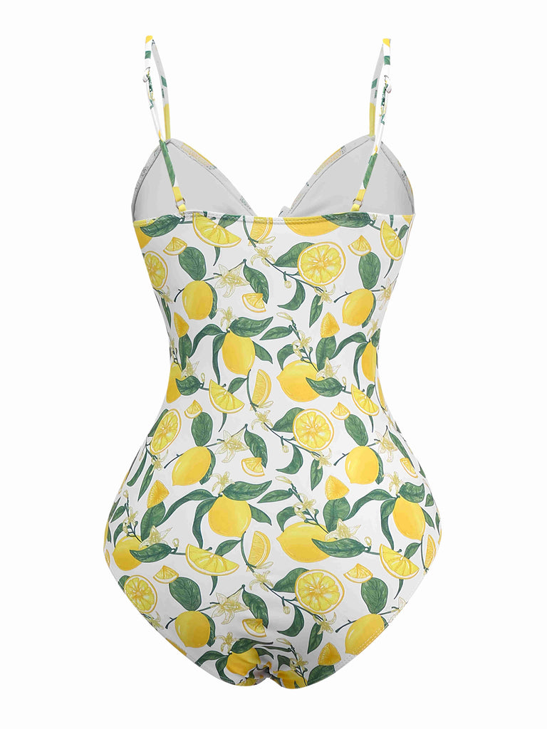 Yellow 1950s Lemon Print Bow One-Piece Swimsuit