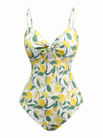 Yellow 1950s Lemon Print Bow One-Piece Swimsuit