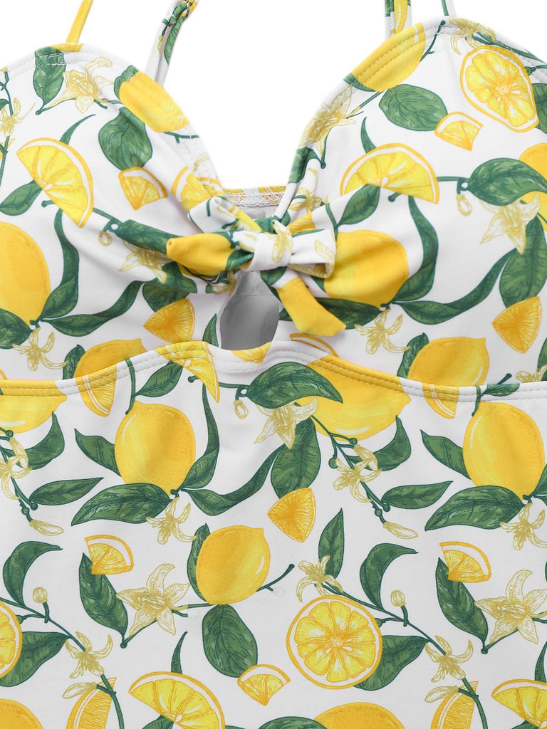 Yellow 1950s Lemon Print Bow One-Piece Swimsuit