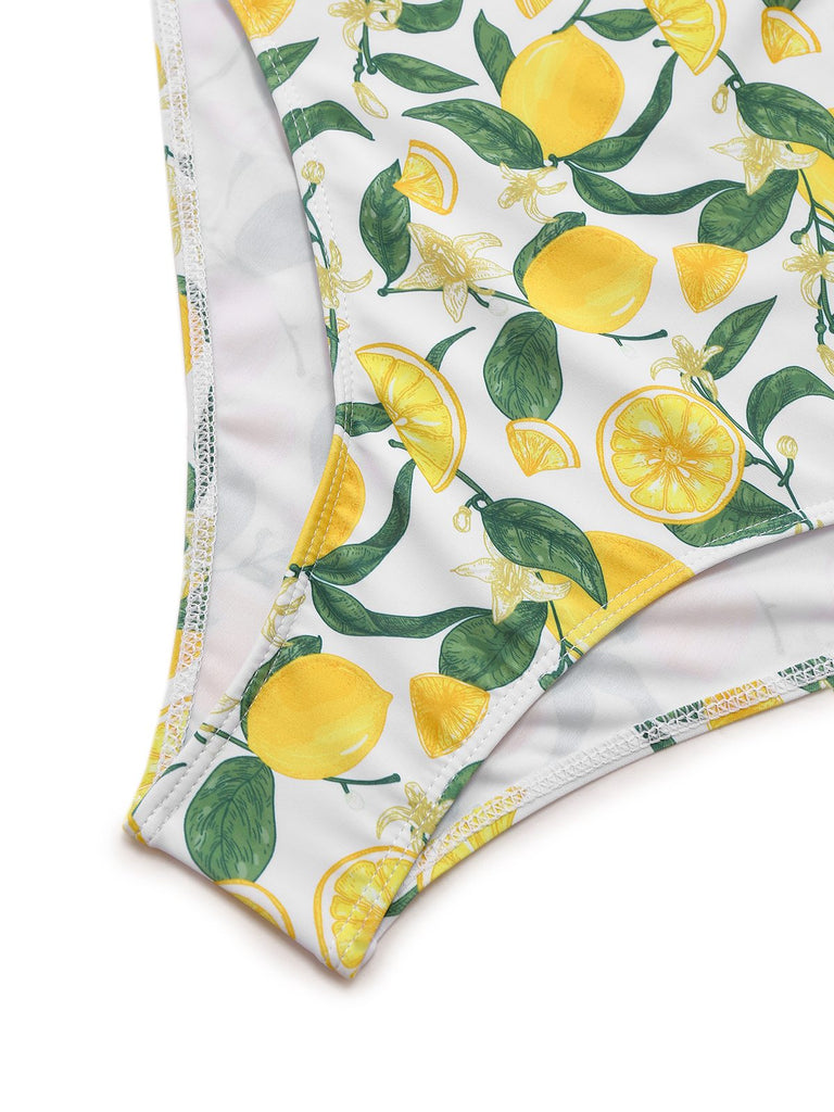 Yellow 1950s Lemon Print Bow One-Piece Swimsuit
