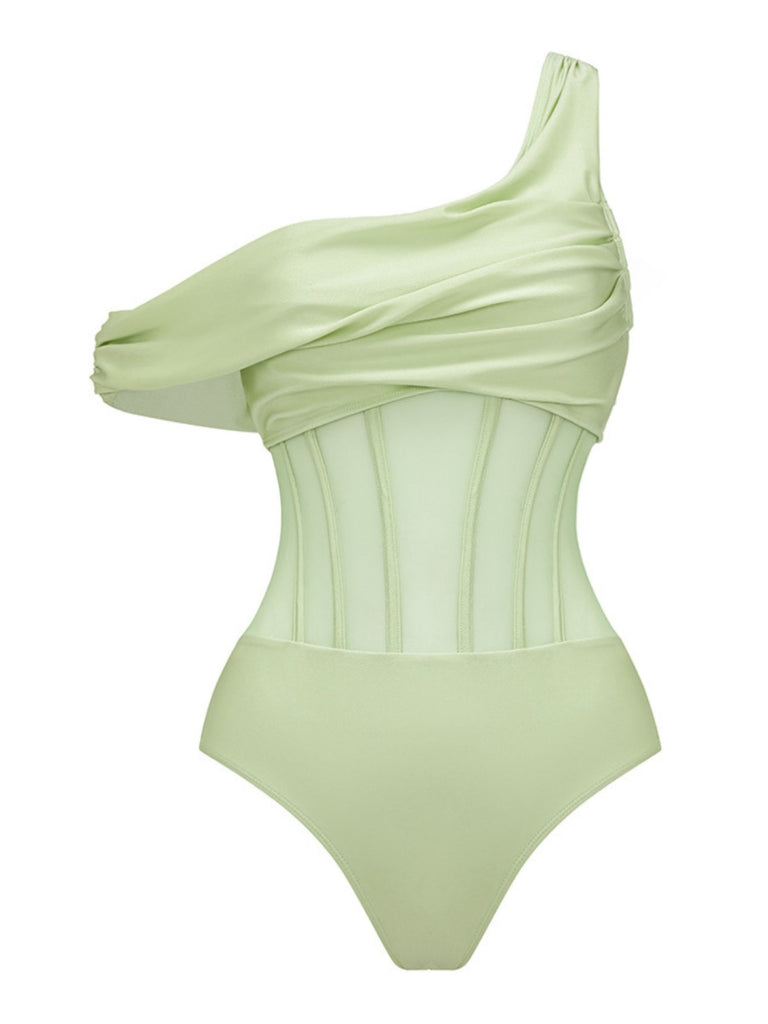 2PCS Green 1940s One-Shoulder One-Piece Swimsuit & Pleated Cover Up