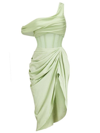 2PCS Green 1940s One-Shoulder One-Piece Swimsuit & Pleated Cover Up