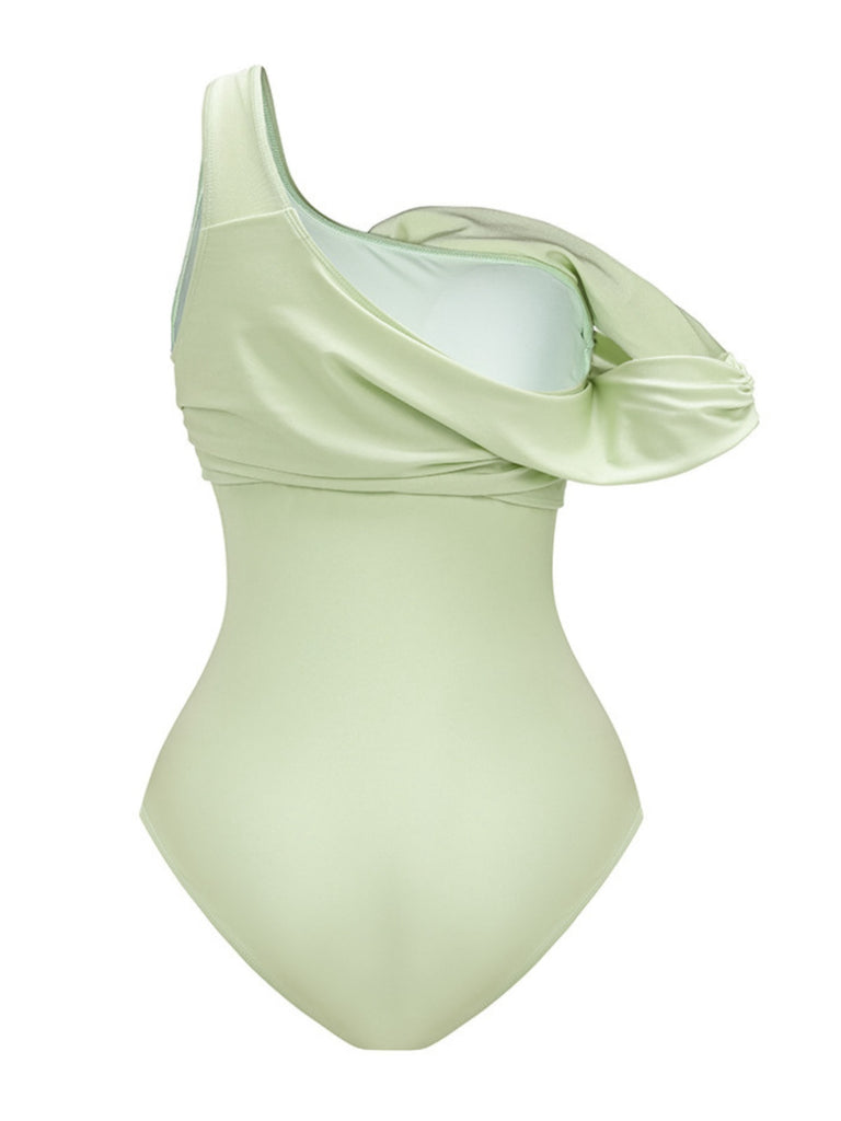 2PCS Green 1940s One-Shoulder One-Piece Swimsuit & Pleated Cover Up