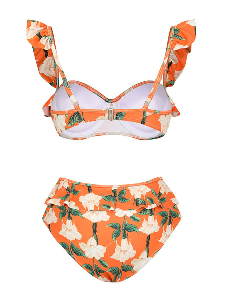 2PCS Orange 1940s Ruffle Floral Bikini Set & Cover Up