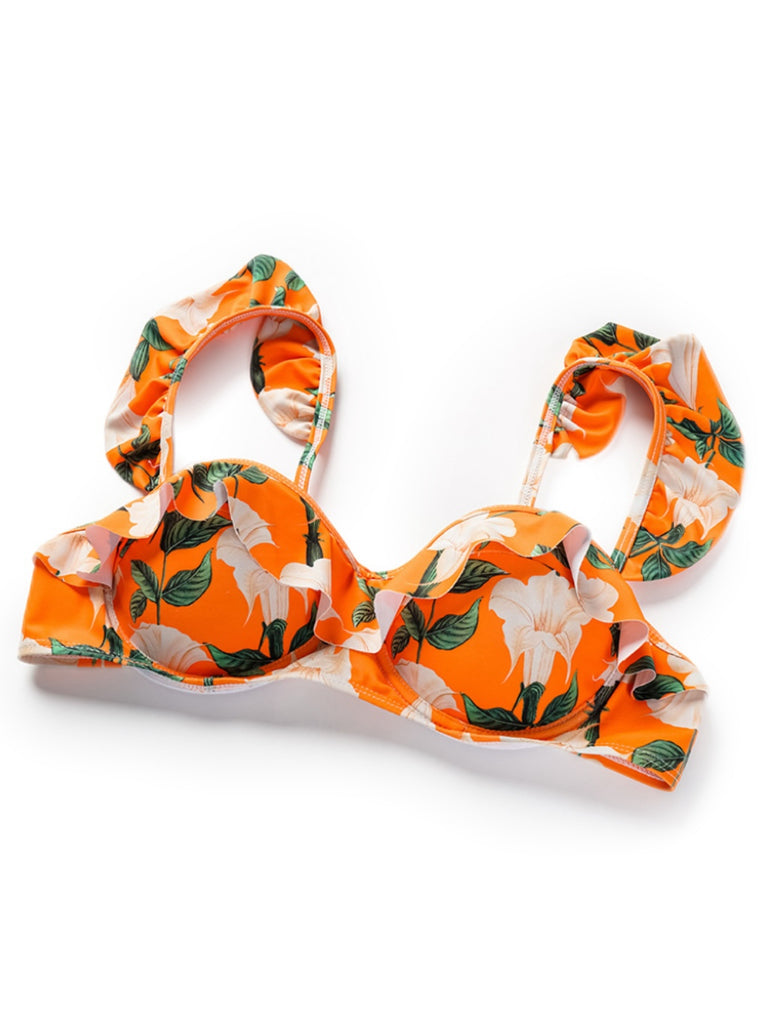 2PCS Orange 1940s Ruffle Floral Bikini Set & Cover Up