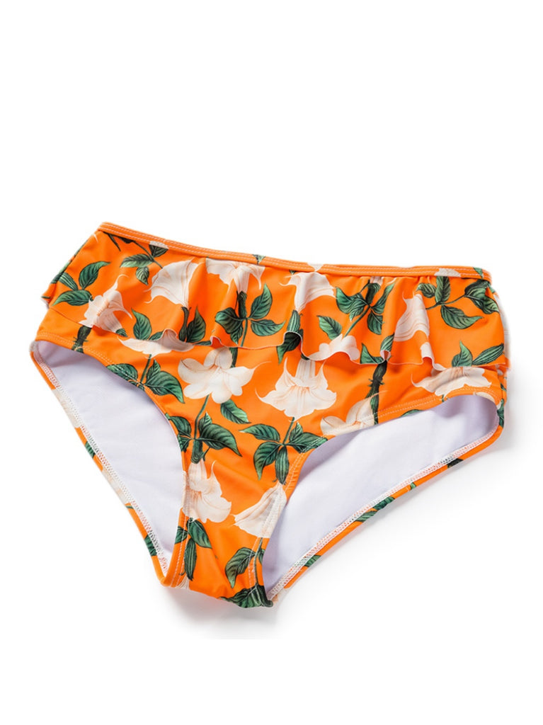 2PCS Orange 1940s Ruffle Floral Bikini Set & Cover Up
