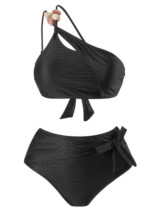 1950s One-Shoulder Textured Fabric Beading Bikini Set