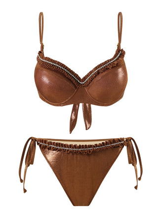 Brown 1950s Shiny Rhinestones Headed Ruffle Bikini Set