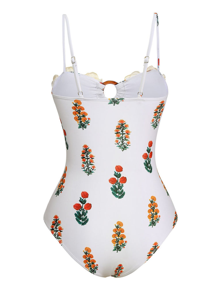 2PCS White 1960s 3D-Flower Spaghetti Straps Swimsuit & Cover-Up