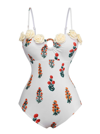 White 1960s 3D-Flower Spaghetti Straps One-Piece Swimsuit