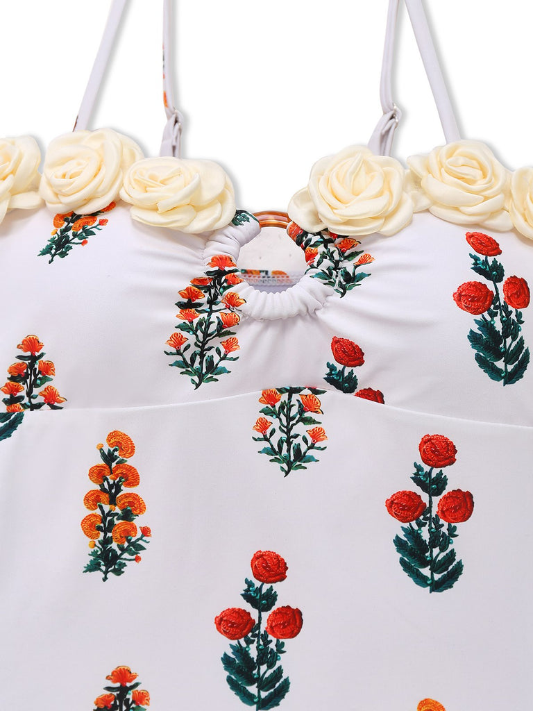 2PCS White 1960s 3D-Flower Spaghetti Straps Swimsuit & Cover-Up