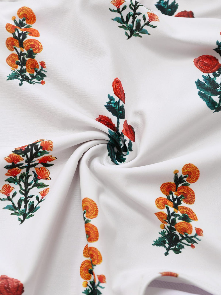 2PCS White 1960s 3D-Flower Spaghetti Straps Swimsuit & Cover-Up
