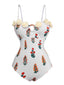 White 1960s 3D-Flower Spaghetti Straps One-Piece Swimsuit