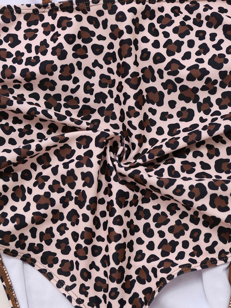 Brown 1940s Leopard Hollow Drawstring Swimsuit