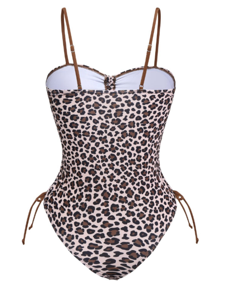 Brown 1940s Leopard Hollow Drawstring Swimsuit