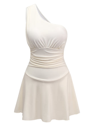 Beige 1940s Solid One-Shoulder Ruched Swim Dress