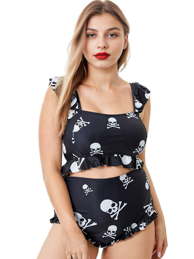 [Plus Size] Black 1980s Gothic Skull Print Ruffles Bikini Set