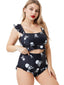[Plus Size] Black 1980s Gothic Skull Print Ruffles Bikini Set