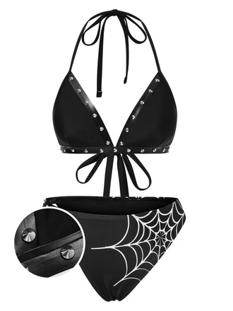 Black 1980s Gothic Spider Web Rivets Bikini Set