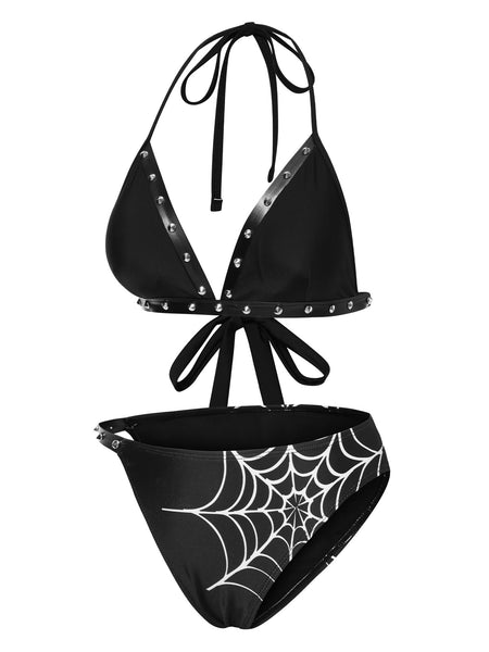 Black 1980s Gothic Spider Web Rivets Bikini Set | Retro Stage