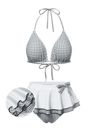 Gray & White 1940s Gingham Plaid Bow Halter Swimsuit