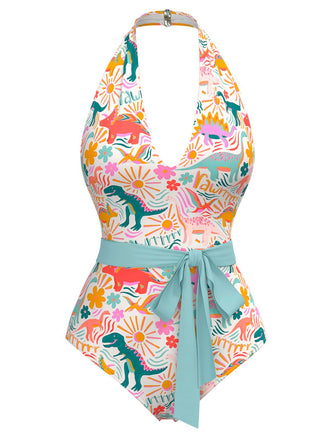 Multicolor 1950s Dinosaur Print Halter One-Piece Swimsuit
