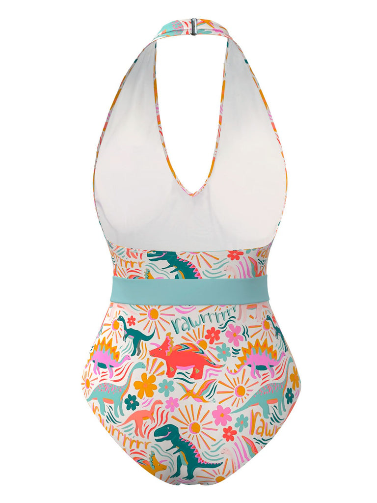 [Pre-Sale] Multicolor 1950s Dinosaur Print Halter One-Piece Swimsuit