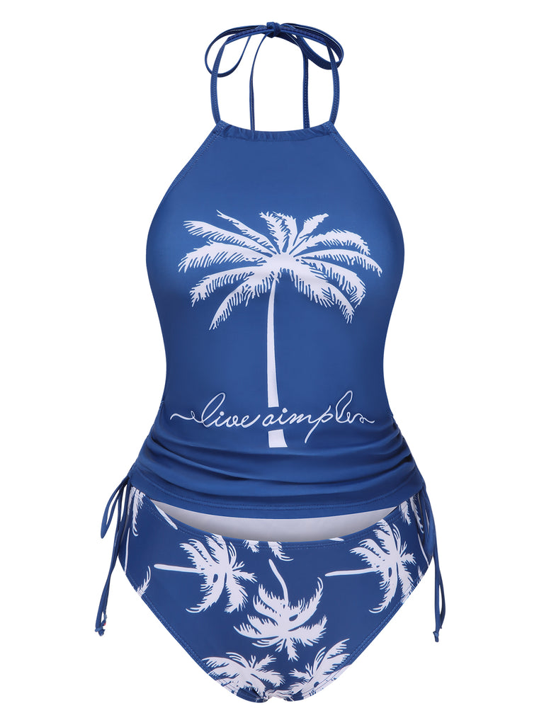 2PCS Blue 1960s Knot Tropical Print Halter Swimsuit