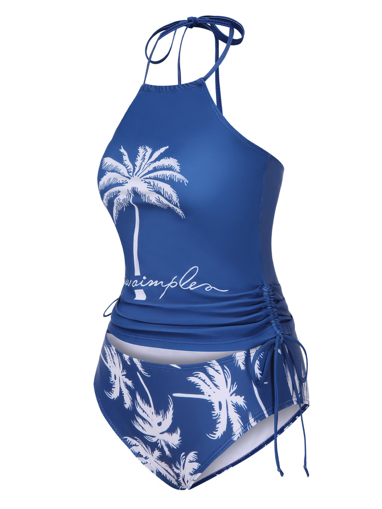 2PCS Blue 1960s Knot Tropical Print Halter Swimsuit