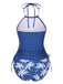 2PCS Blue 1960s Knot Tropical Print Halter Swimsuit