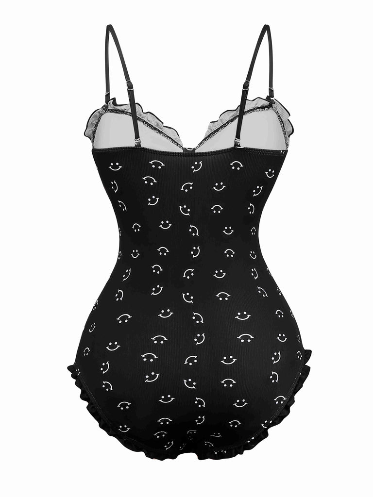 Black 1930s Smile Print Ruffles Spaghetti Straps One-Piece Swimsuit