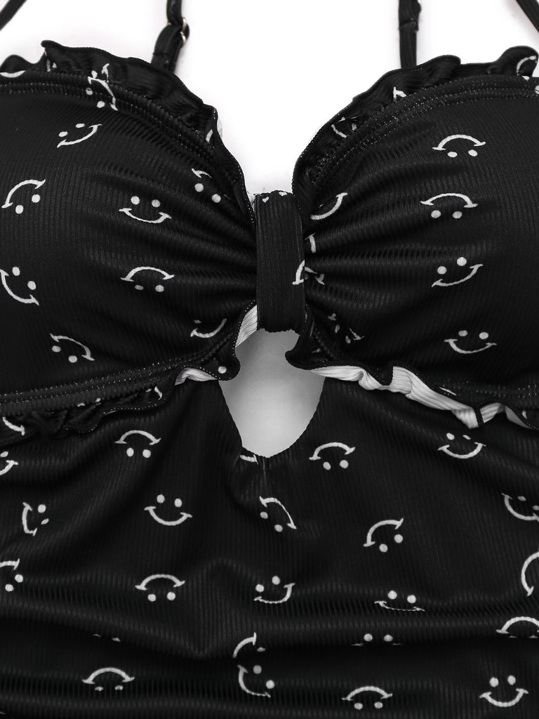 Black 1930s Smile Print Ruffles Spaghetti Straps One-Piece Swimsuit