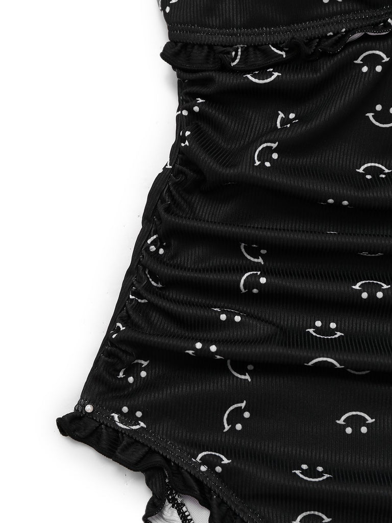 Black 1930s Smile Print Ruffles Spaghetti Straps One-Piece Swimsuit