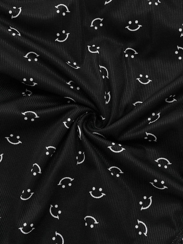 Black 1930s Smile Print Ruffles Spaghetti Straps One-Piece Swimsuit