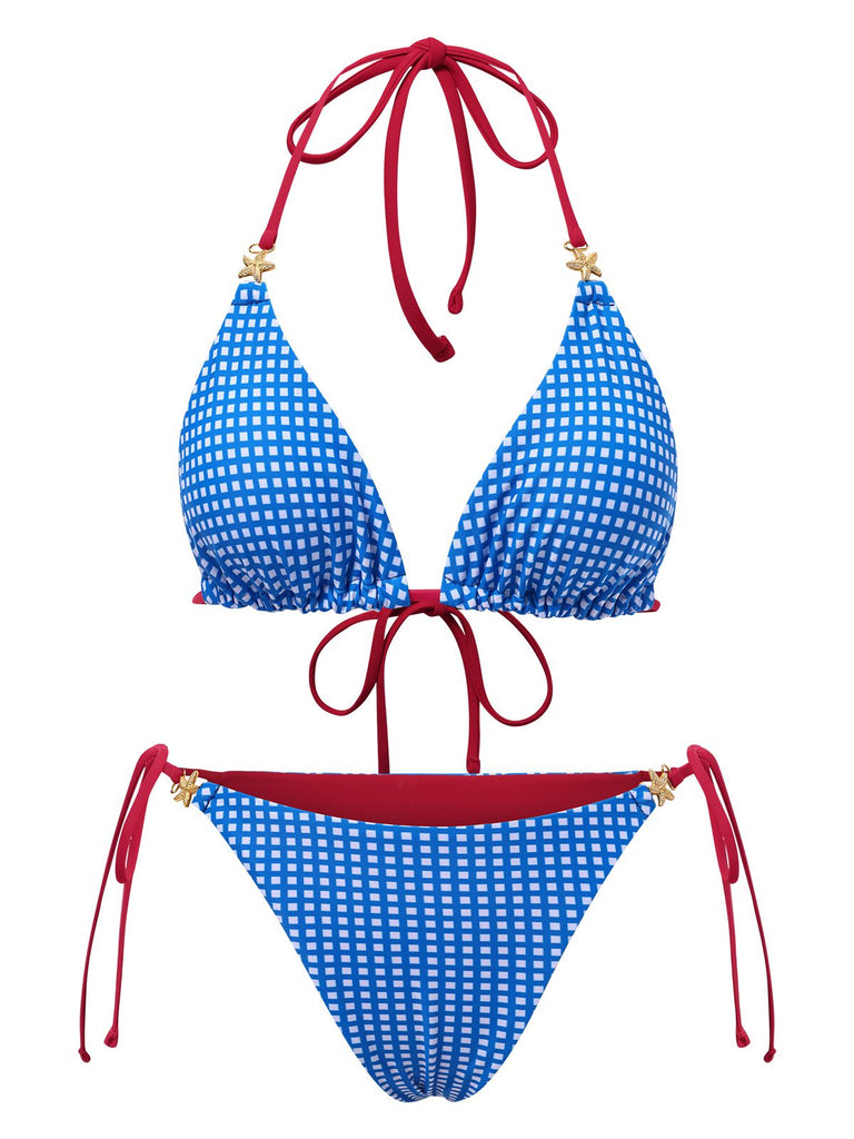 2PCS Blue 1950s Halter Plaid Alloy Star Bikini Set & Shorts
