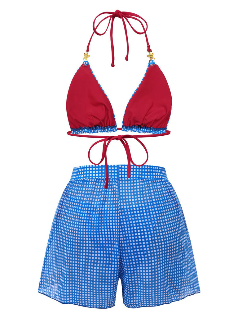 2PCS Blue 1950s Halter Plaid Alloy Star Bikini Set & Shorts