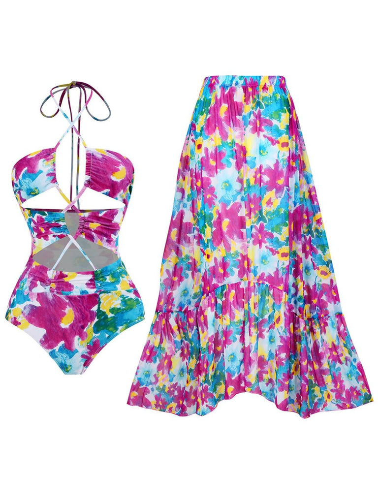 2PCS 1940s Cutout Halter Oil Painting Swimsuit & Cover-Up
