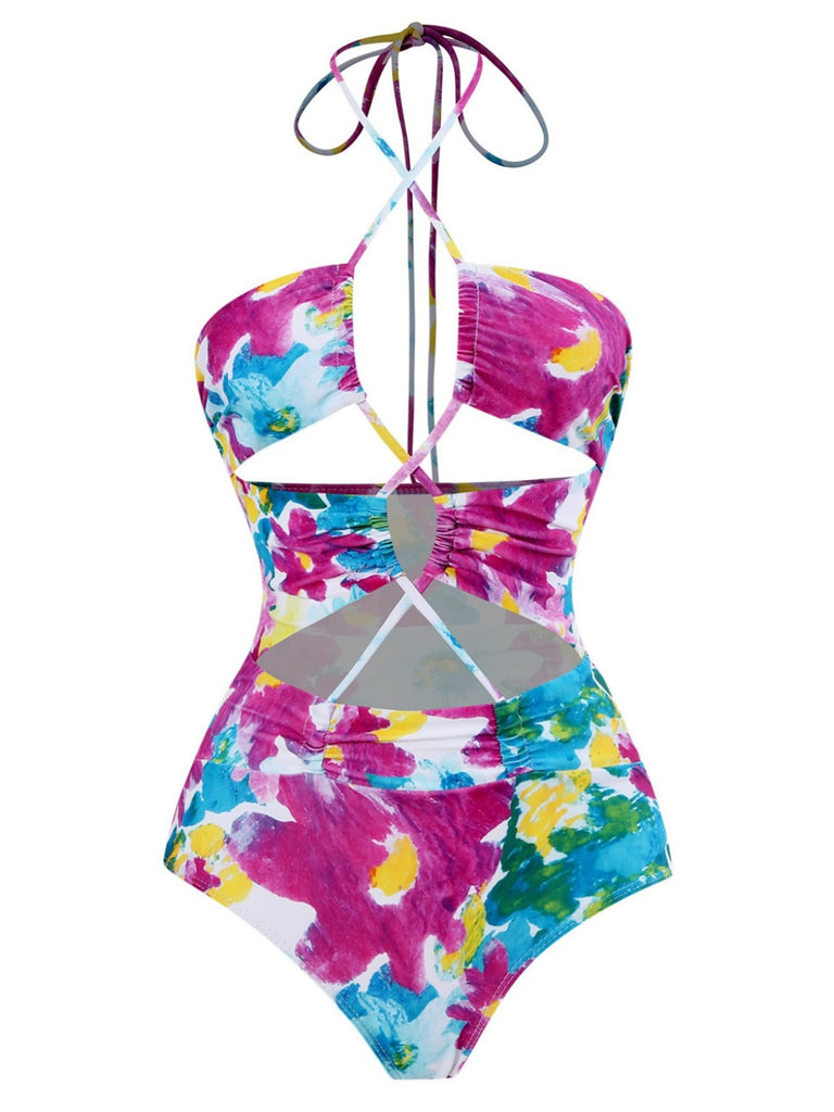 2PCS 1940s Cutout Halter Oil Painting Swimsuit & Cover-Up