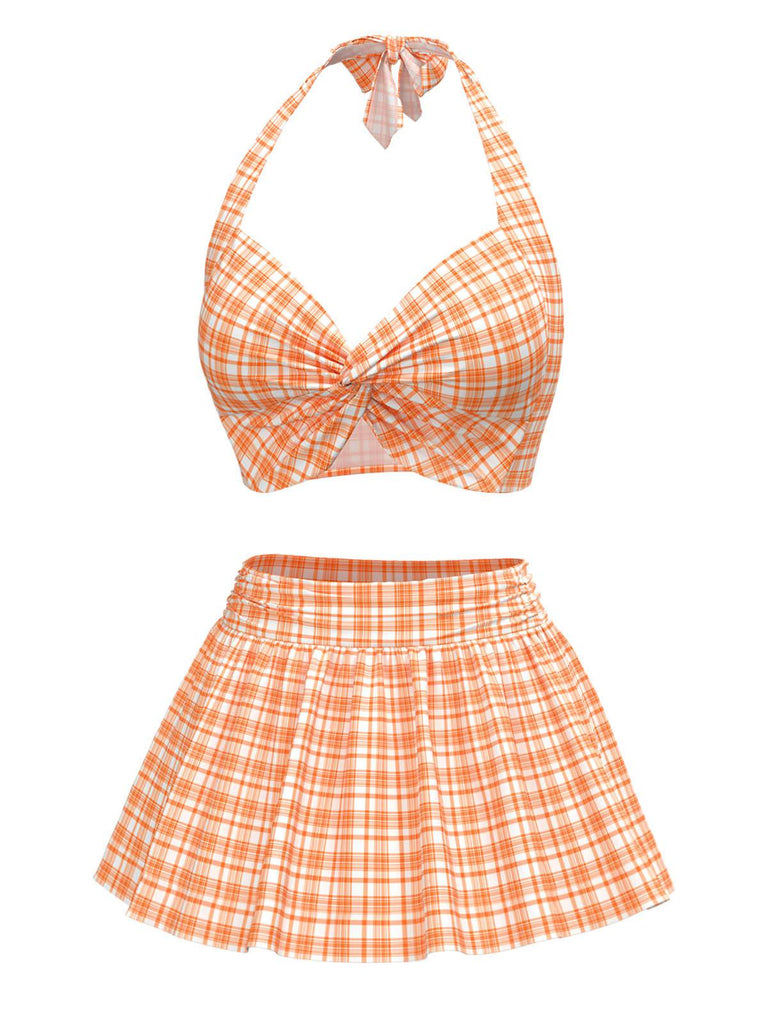 [Pre-Sale] Orange 1930s Gingham Plaid Halter Swimsuit